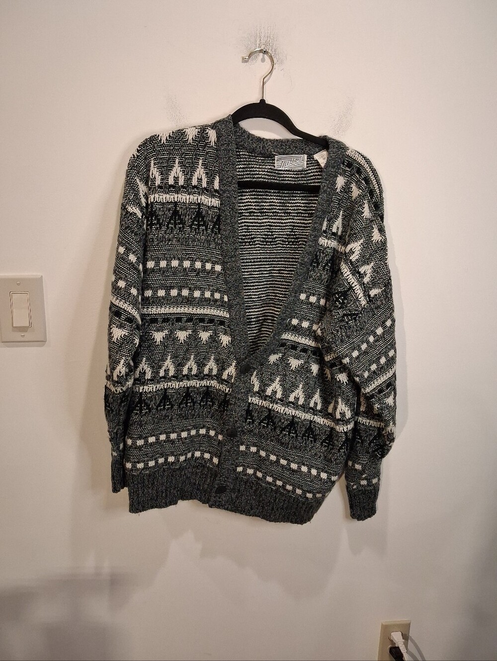 Vintage Method Size M Grandpa Cardigan Sweater In Grey/white Geometric Print